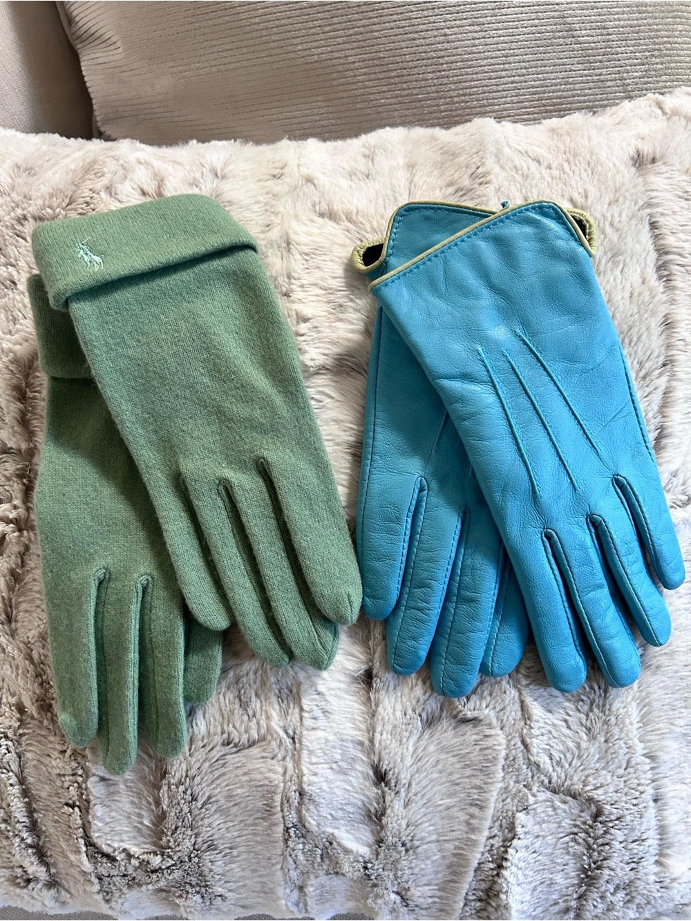Ann Taylor LOFT Women's Blue Leather & Ralph Lauren Sage Green Wool Gloves Size